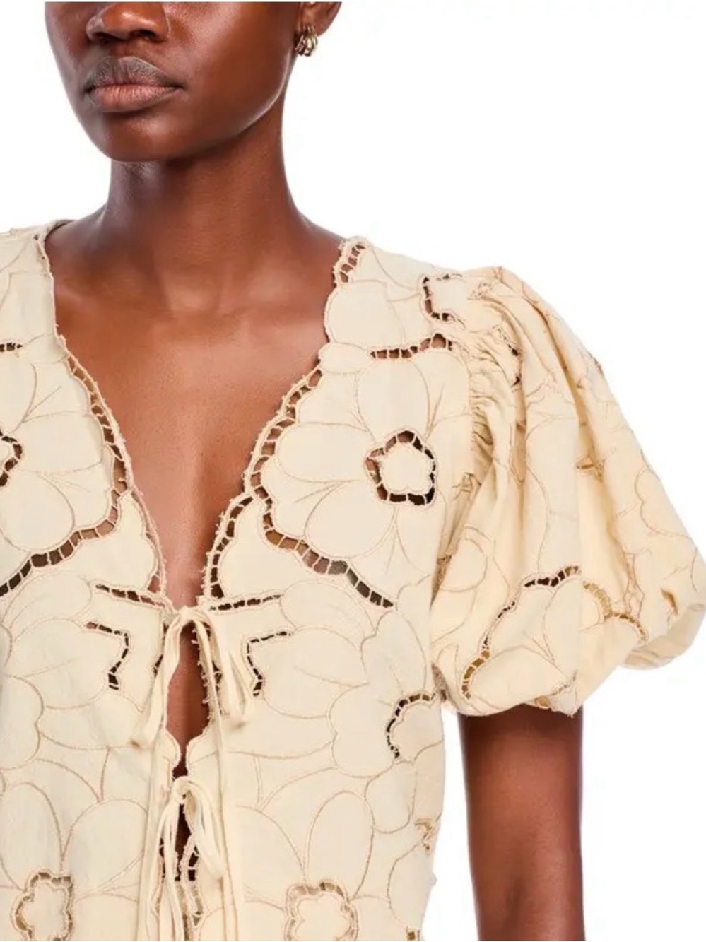Free People Cream Eyelet Tie-Front Puff Sleeve Top - Picture 4 of 6